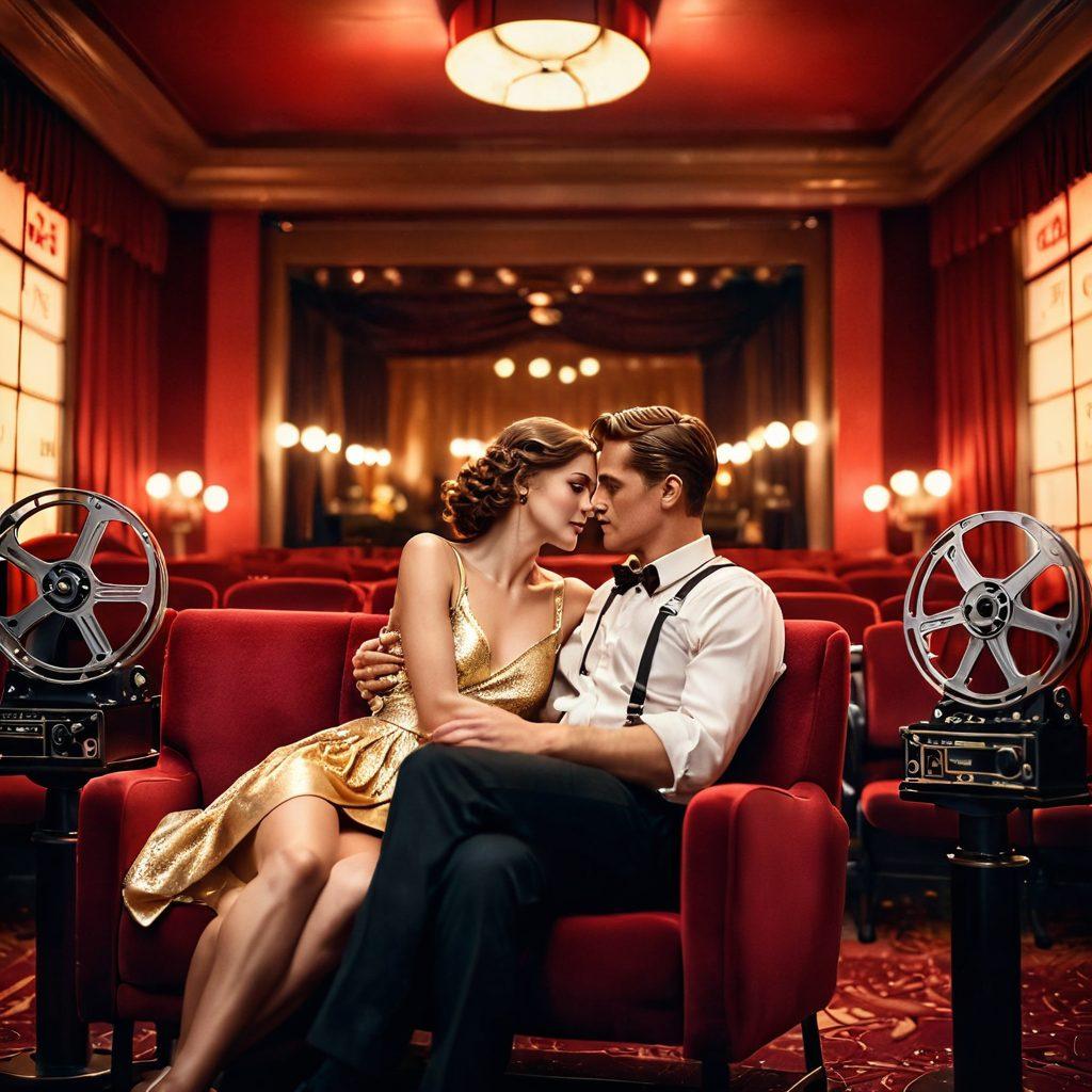 A stylized image capturing the essence of romance in film; features a couple in an intimate embrace, surrounded by cinematic elements like film reels and glowing movie lights. The background hints at a vintage cinema with plush red seats and a softly glowing screen showcasing heartwarming scenes. The color palette is rich with reds and golds, evoking passion and nostalgia. Enhance the scene with a dreamy, ethereal glow around the couple. cinematic art. vibrant colors. soft focus.