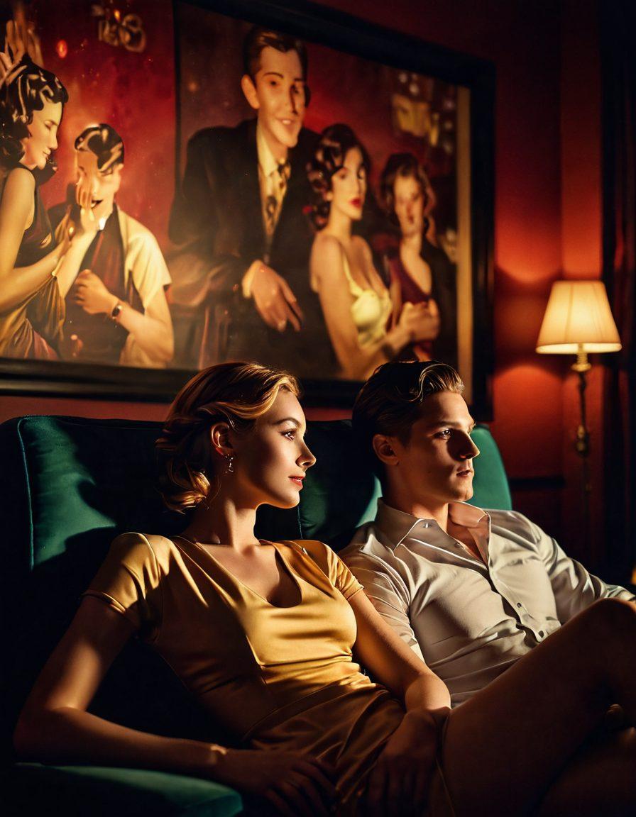 A captivating scene showcasing a couple lounging intimately in a dimly lit, stylish cinema, their faces illuminated by the glow of the screen displaying romantic imagery. Soft shadows and warm hues enhance the atmosphere of passion and affection. Include subtle hints of classic film reels and romance-themed props scattered around, symbolizing the narrative of love. evoking nostalgia and allure. super-realistic. vibrant colors. soft lighting.