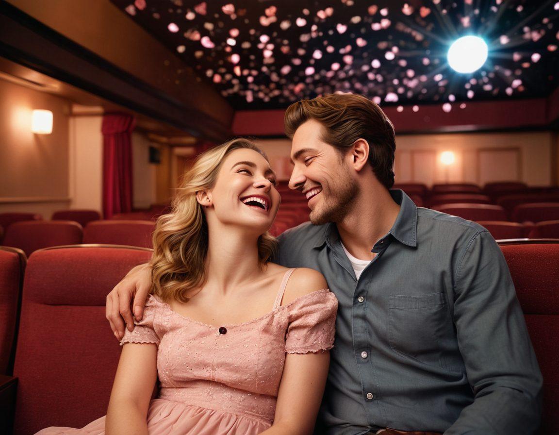 A whimsical yet romantic scene capturing a couple laughing together in a cozy movie theater, with vibrant film reel projections of passionate moments swirling around them. Emotional expressions of joy and love illuminate their faces, creating a warm ambiance. Subtle hints of various romantic symbols like hearts and flowers float in the air. The background blends with soft pastel colors to evoke a sense of comfort and intimacy. super-realistic. vibrant colors. cozy atmosphere.